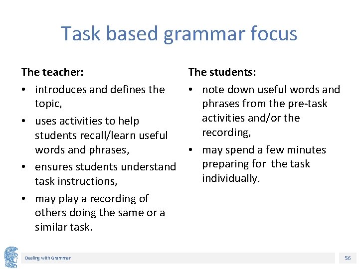 Task based grammar focus The teacher: The students: • introduces and defines the •