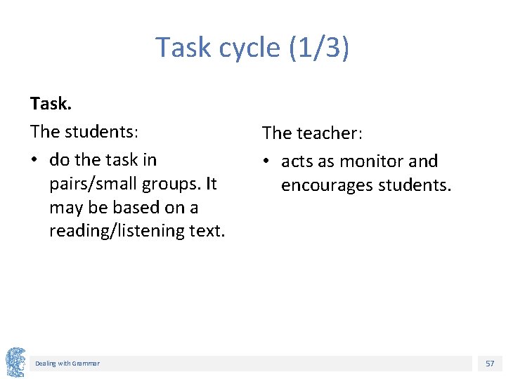 Task cycle (1/3) Task. The students: • do the task in pairs/small groups. It