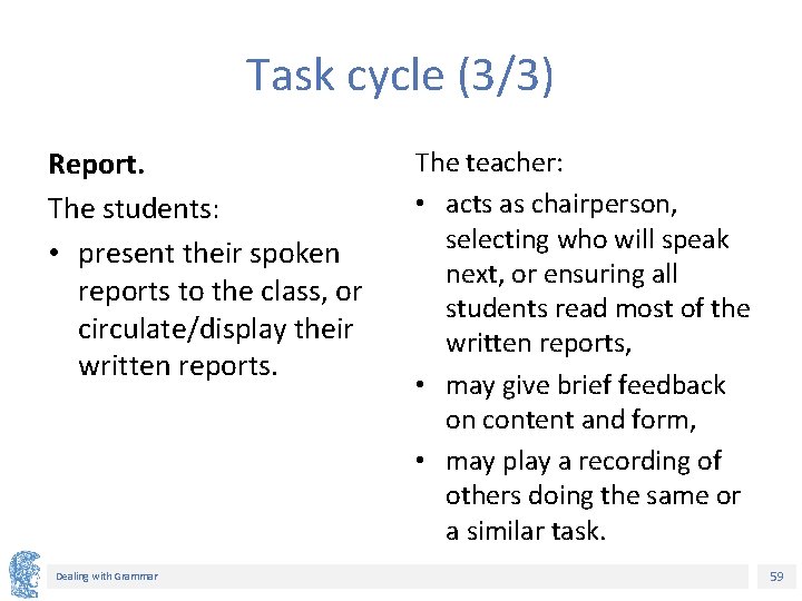 Task cycle (3/3) Report. The students: • present their spoken reports to the class,