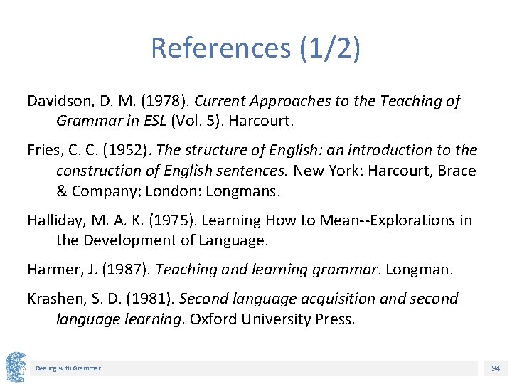 References (1/2) Davidson, D. M. (1978). Current Approaches to the Teaching of Grammar in