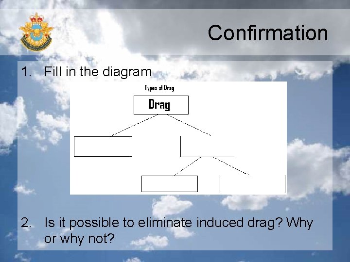 Confirmation 1. Fill in the diagram 2. Is it possible to eliminate induced drag?