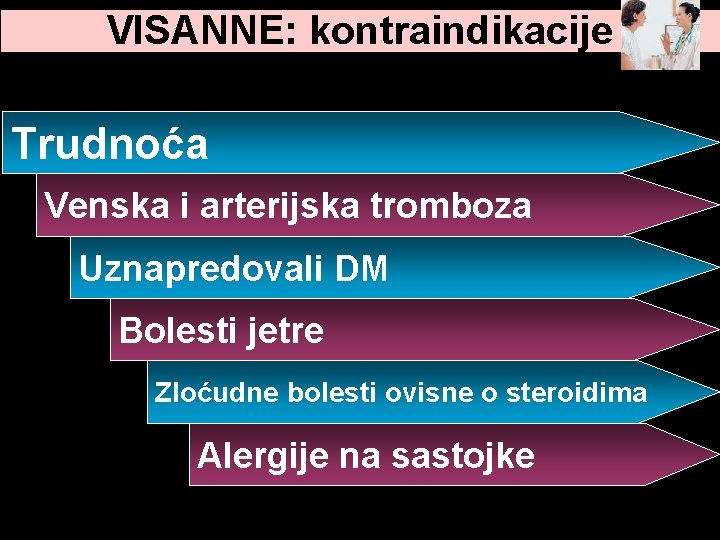 VISANNE: kontraindikacije Trudnoća Venska i arterijska tromboza Uznapredovali DM Bolesti jetre Zloćudne bolesti ovisne VISANNE: kontraindikacije Trudnoća Venska i arterijska tromboza Uznapredovali DM Bolesti jetre Zloćudne bolesti ovisne