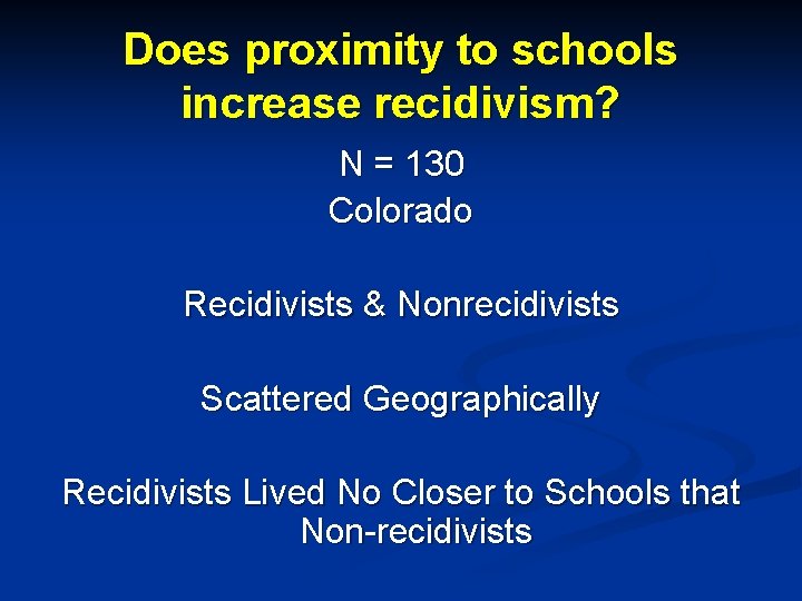 Does proximity to schools increase recidivism? N = 130 Colorado Recidivists & Nonrecidivists Scattered