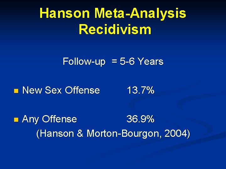 Hanson Meta-Analysis Recidivism Follow-up = 5 -6 Years n New Sex Offense 13. 7%