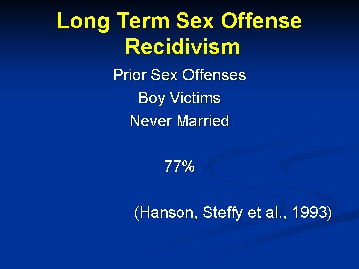 Long Term Sex Offense Recidivism Prior Sex Offenses Boy Victims Never Married 77% (Hanson,