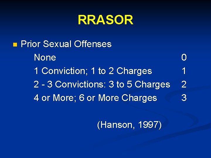 RRASOR n Prior Sexual Offenses None 1 Conviction; 1 to 2 Charges 2 -