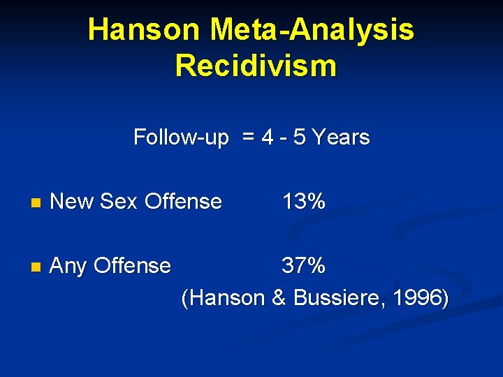 Hanson Meta-Analysis Recidivism Follow-up = 4 - 5 Years n New Sex Offense n