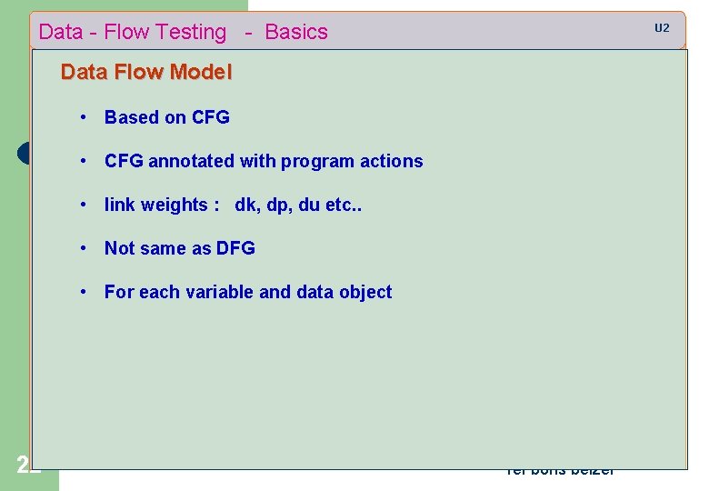 Data - Flow Testing - Basics U 2 Data Flow Model • Based on