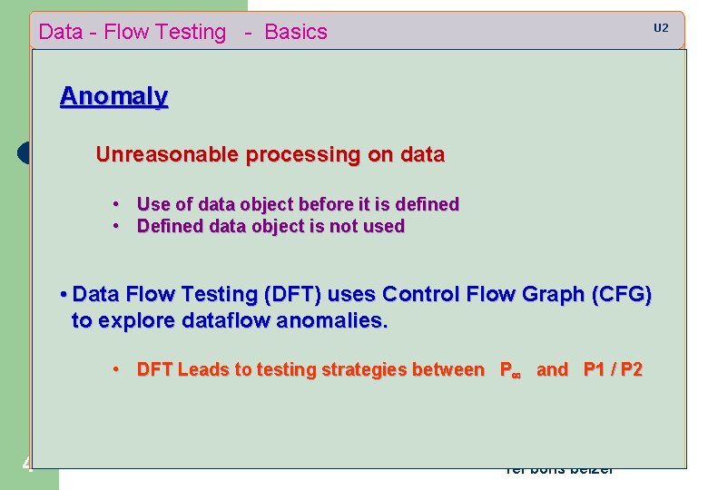 Data - Flow Testing - Basics U 2 Anomaly Unreasonable processing on data •