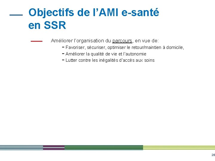 Objectifs de l’AMI e-santé en SSR Améliorer l’organisation du parcours, en vue de: - Objectifs de l’AMI e-santé en SSR Améliorer l’organisation du parcours, en vue de: -