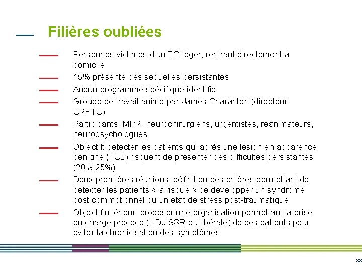 Filières oubliées Personnes victimes d’un TC léger, rentrant directement à domicile 15% présente des Filières oubliées Personnes victimes d’un TC léger, rentrant directement à domicile 15% présente des