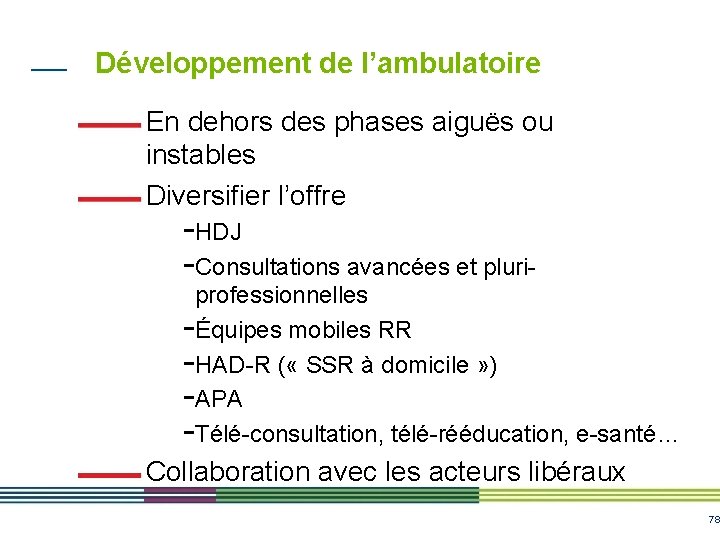 Développement de l’ambulatoire En dehors des phases aiguës ou instables Diversifier l’offre -HDJ -Consultations Développement de l’ambulatoire En dehors des phases aiguës ou instables Diversifier l’offre -HDJ -Consultations
