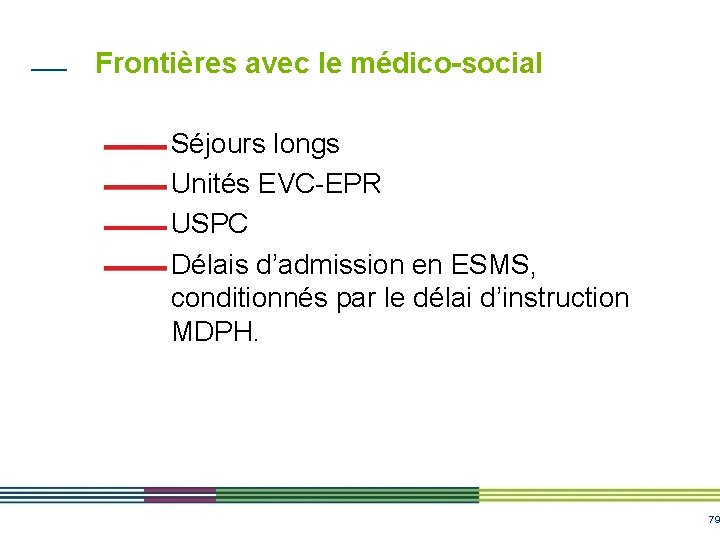 Frontières avec le médico-social Séjours longs Unités EVC-EPR USPC Délais d’admission en ESMS, conditionnés Frontières avec le médico-social Séjours longs Unités EVC-EPR USPC Délais d’admission en ESMS, conditionnés