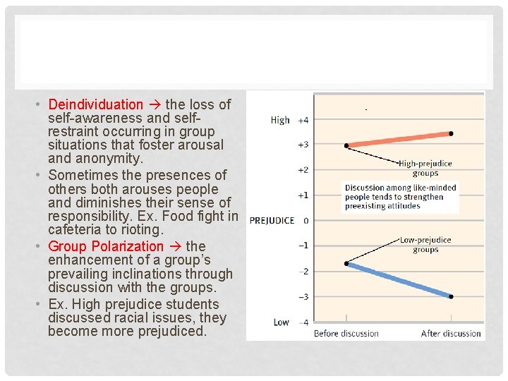  • Deindividuation the loss of self-awareness and selfrestraint occurring in group situations that