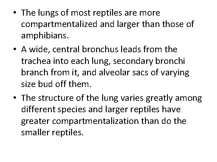  • The lungs of most reptiles are more compartmentalized and larger than those