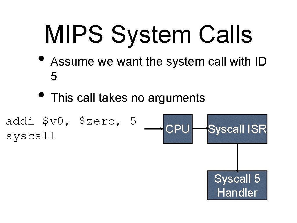 MIPS System Calls • Assume we want the system call with ID 5 •