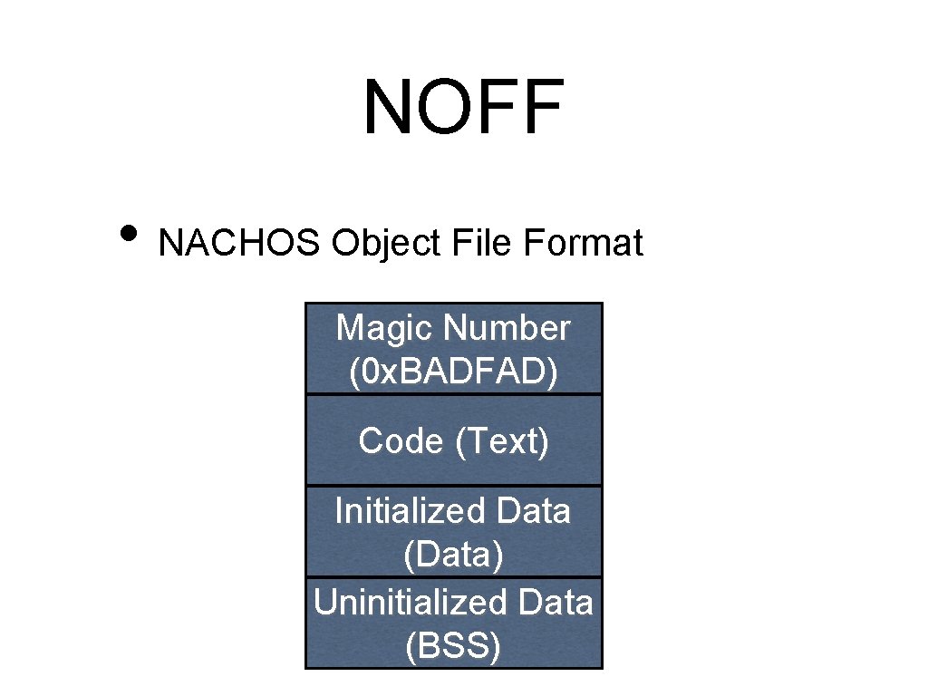 NOFF • NACHOS Object File Format Magic Number (0 x. BADFAD) Code (Text) Initialized