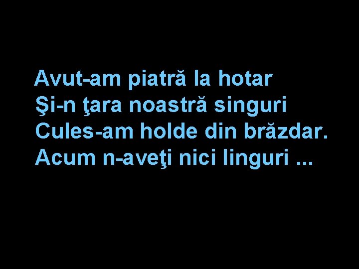 Avut-am piatră la hotar Şi-n ţara noastră singuri Cules-am holde din brăzdar. Acum n-aveţi