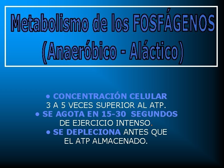  • CONCENTRACIÓN CELULAR 3 A 5 VECES SUPERIOR AL ATP. • SE AGOTA