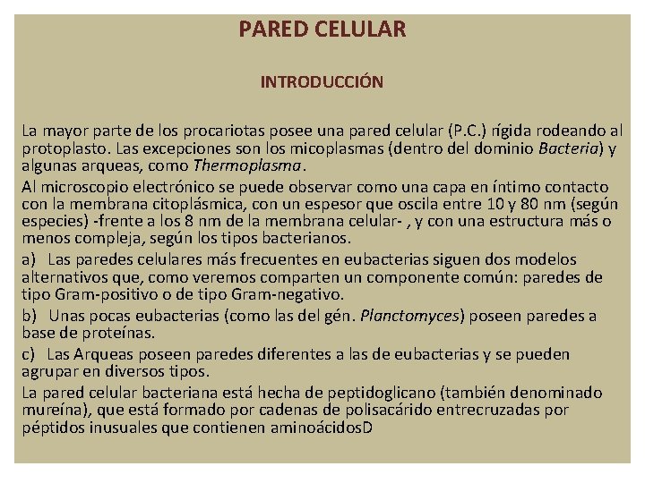 PARED CELULAR INTRODUCCIÓN La mayor parte de los procariotas posee una pared celular (P.