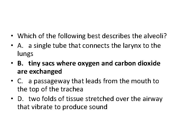  • Which of the following best describes the alveoli? • A. a single