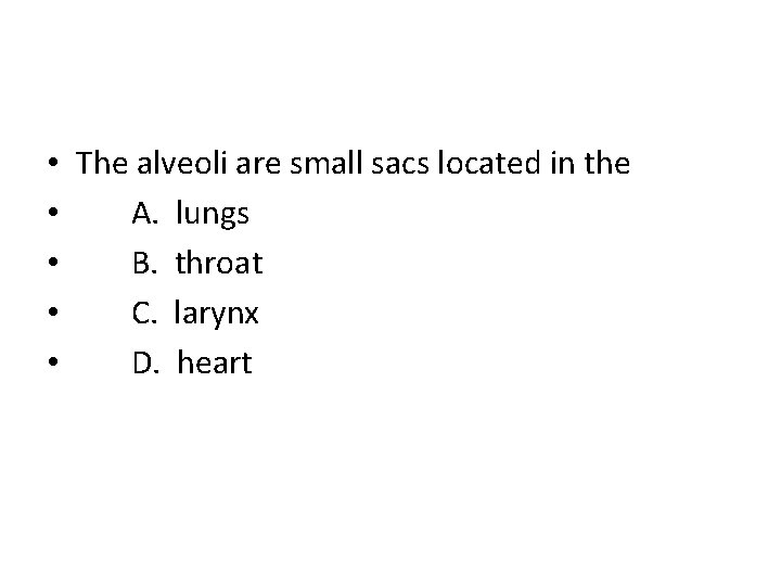  • The alveoli are small sacs located in the • A. lungs •