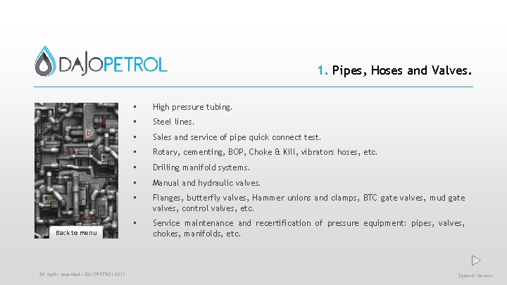 1. Pipes, Hoses and Valves. Back to menu All rights reserved • DAJOPETROL 2013