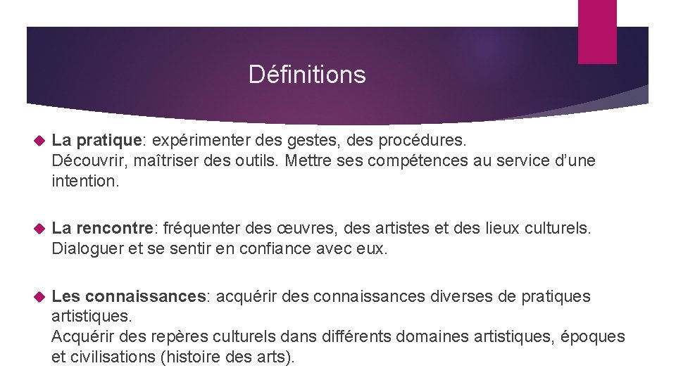 Définitions La pratique: expérimenter des gestes, des procédures. Découvrir, maîtriser des outils. Mettre ses