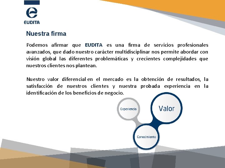 Nuestra firma Podemos afirmar que EUDITA es una firma de servicios profesionales avanzados, que