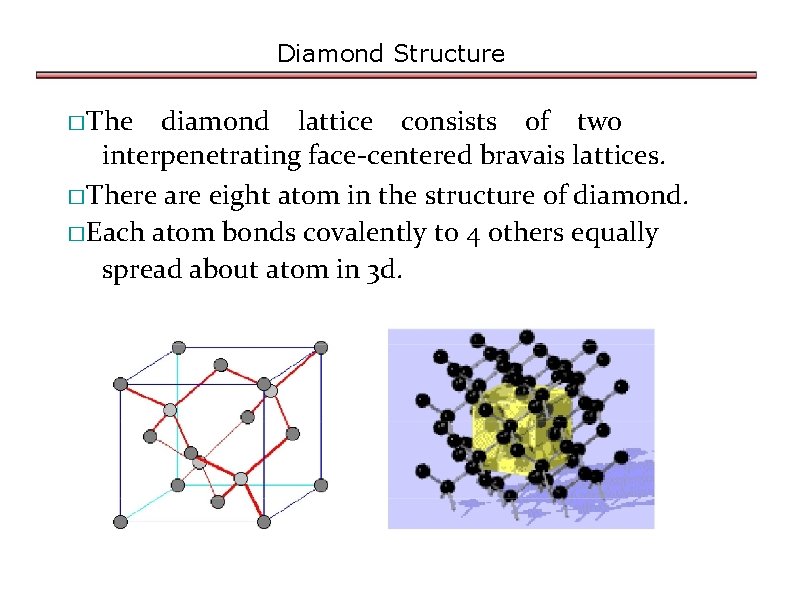 Diamond Structure �The diamond lattice consists of two interpenetrating face-centered bravais lattices. �There are