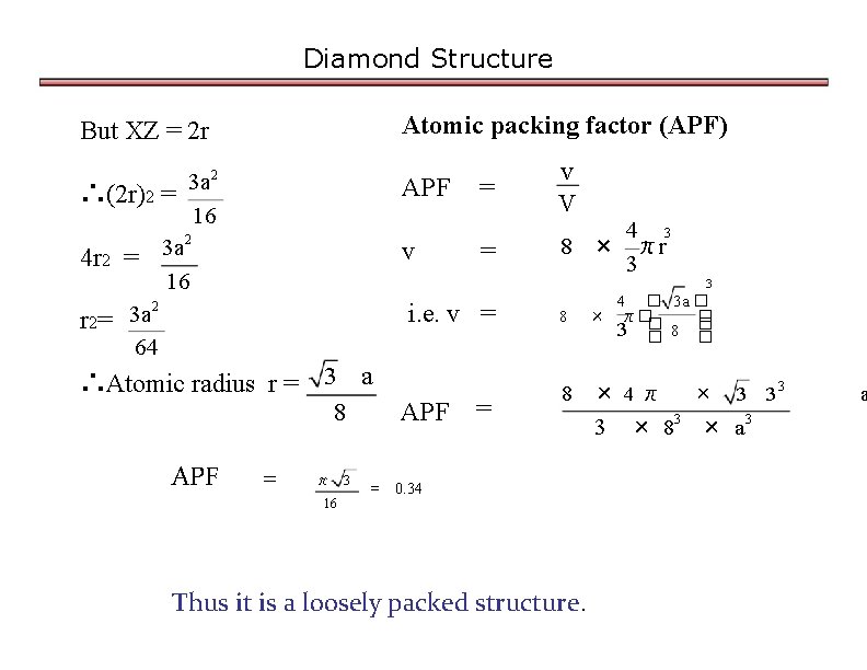 Diamond Structure But XZ = 2 r Atomic packing factor (APF) 3 a 2