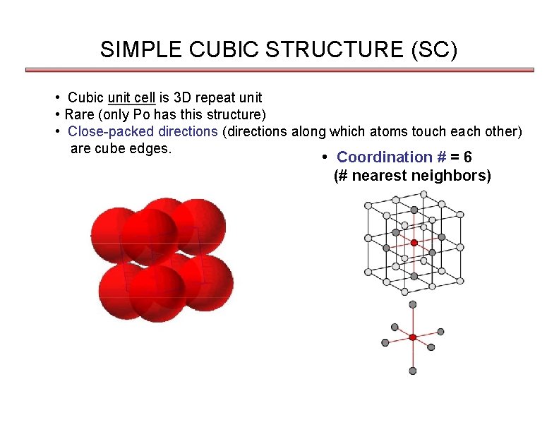 SIMPLE CUBIC STRUCTURE (SC) • Cubic unit cell is 3 D repeat unit •