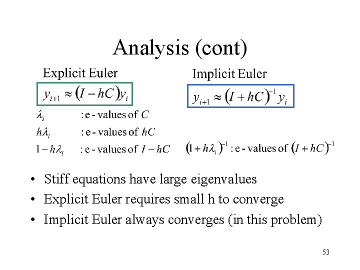 Analysis (cont) • Stiff equations have large eigenvalues • Explicit Euler requires small h