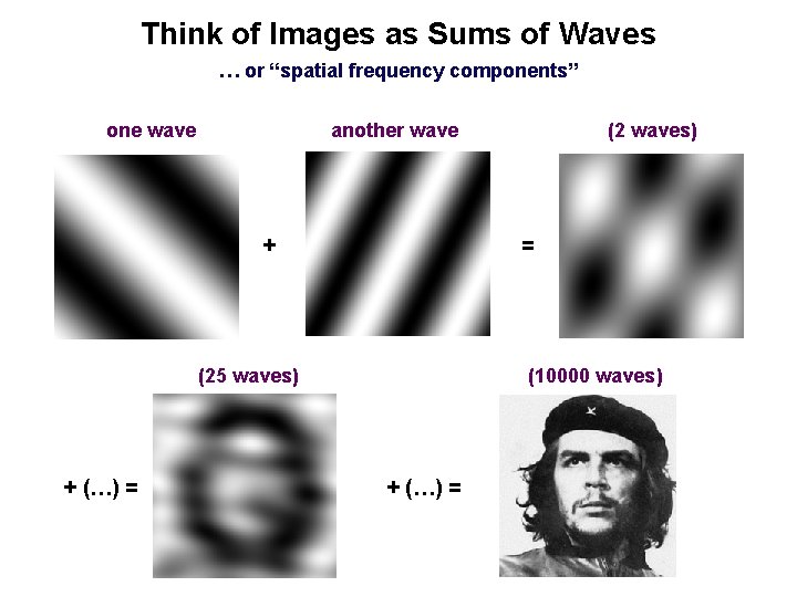 Think of Images as Sums of Waves … or “spatial frequency components” one wave Think of Images as Sums of Waves … or “spatial frequency components” one wave