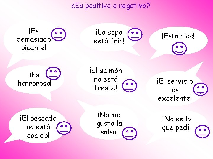 ¿Es positivo o negativo? ¡Es demasiado picante! ¡Es horroroso! ¡El pescado no está cocido!