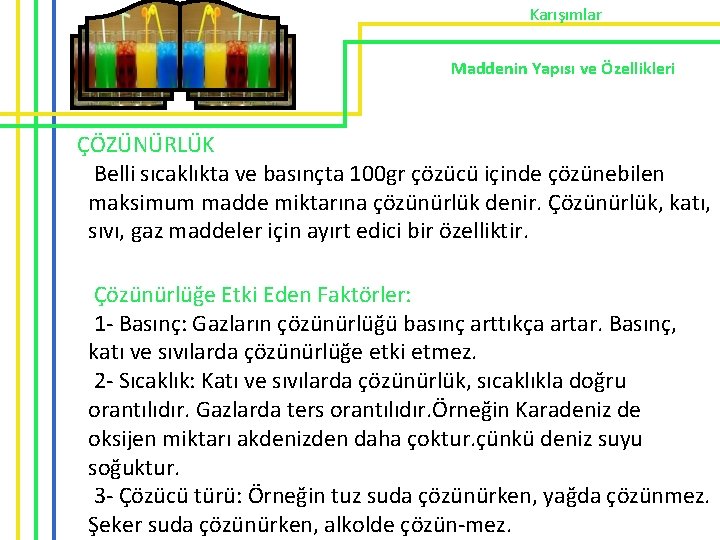 Karışımlar Maddenin Yapısı ve Özellikleri ÇÖZÜNÜRLÜK Belli sıcaklıkta ve basınçta 100 gr çözücü içinde