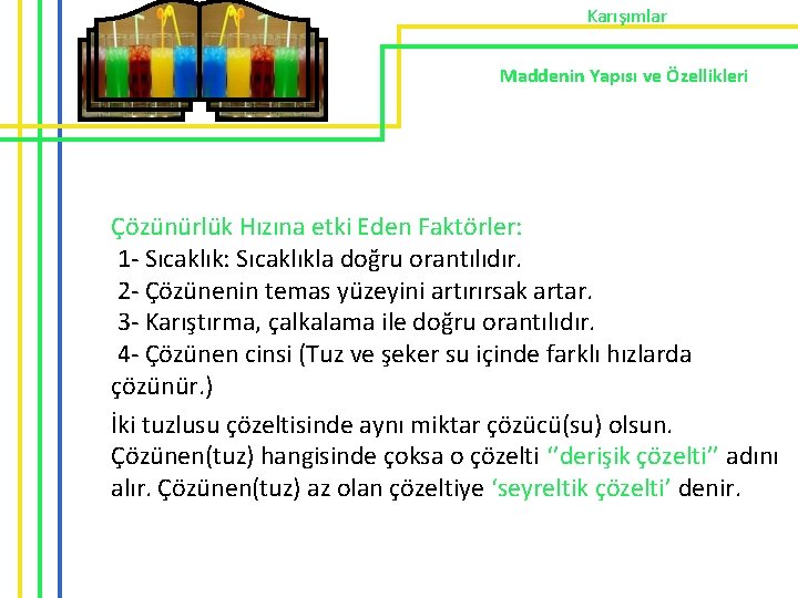 Karışımlar Maddenin Yapısı ve Özellikleri Çözünürlük Hızına etki Eden Faktörler: 1 - Sıcaklık: Sıcaklıkla