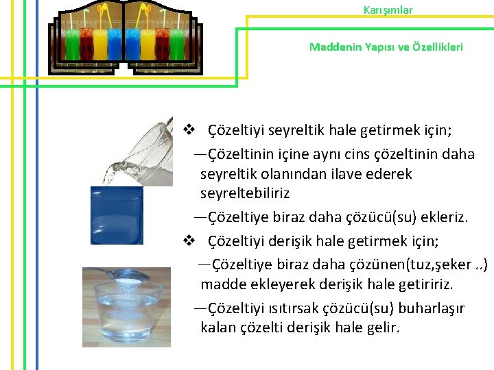 Karışımlar Maddenin Yapısı ve Özellikleri v Çözeltiyi seyreltik hale getirmek için; —Çözeltinin içine aynı