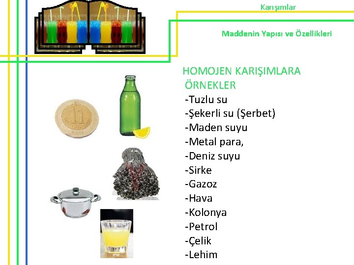 Karışımlar Maddenin Yapısı ve Özellikleri HOMOJEN KARIŞIMLARA ÖRNEKLER -Tuzlu su -Şekerli su (Şerbet) -Maden