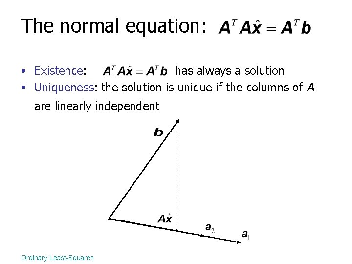 The normal equation: • Existence: has always a solution • Uniqueness: the solution is