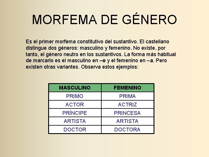 MORFEMA DE GÉNERO Es el primer morfema constitutivo del sustantivo. El castellano distingue dos