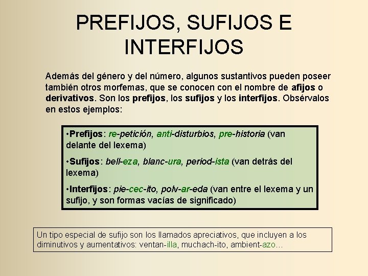 PREFIJOS, SUFIJOS E INTERFIJOS Además del género y del número, algunos sustantivos pueden poseer