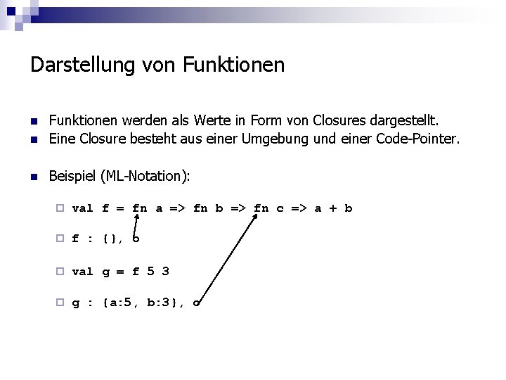 Darstellung von Funktionen werden als Werte in Form von Closures dargestellt. Eine Closure besteht