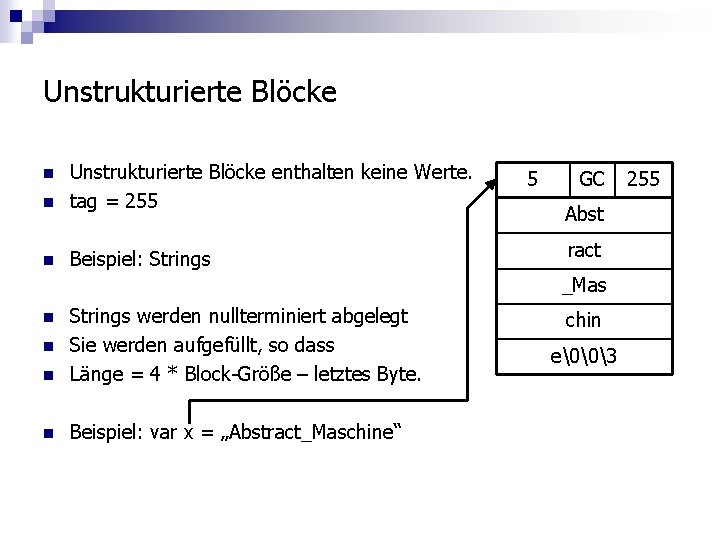 Unstrukturierte Blöcke n Unstrukturierte Blöcke enthalten keine Werte. tag = 255 n Beispiel: Strings