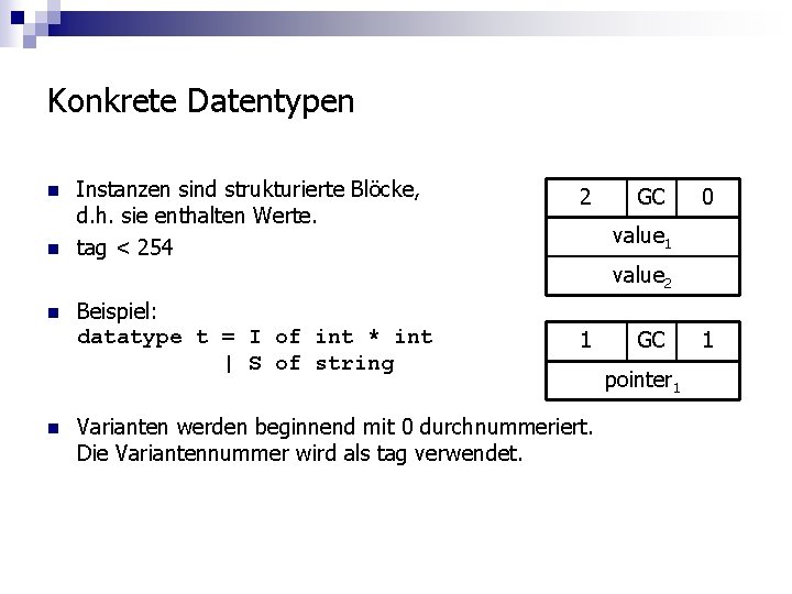 Konkrete Datentypen n n Instanzen sind strukturierte Blöcke, d. h. sie enthalten Werte. tag