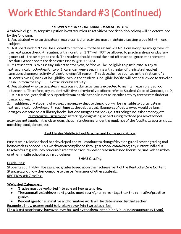 Work Ethic Standard #3 (Continued) ELIGIBILITY FOR EXTRA-CURRICULAR ACTIVITIES Academic eligibility for participation in