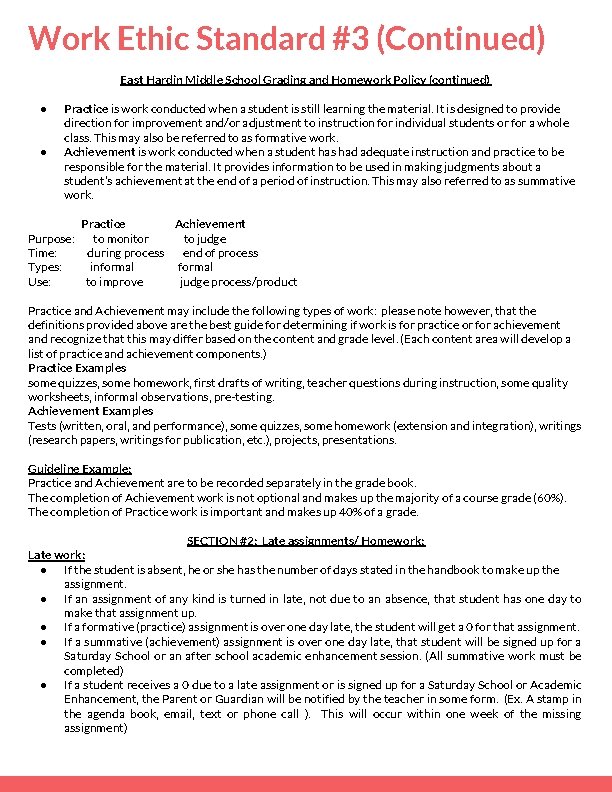Work Ethic Standard #3 (Continued) East Hardin Middle School Grading and Homework Policy (continued)