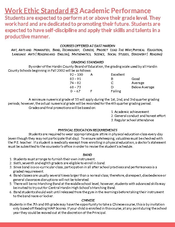 Work Ethic Standard #3 Academic Performance Students are expected to perform at or above