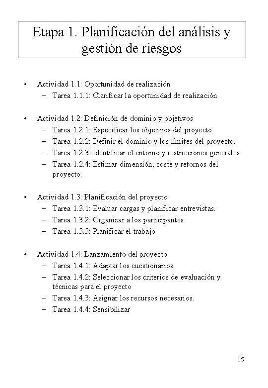 Etapa 1. Planificación del análisis y gestión de riesgos • Actividad 1. 1: Oportunidad