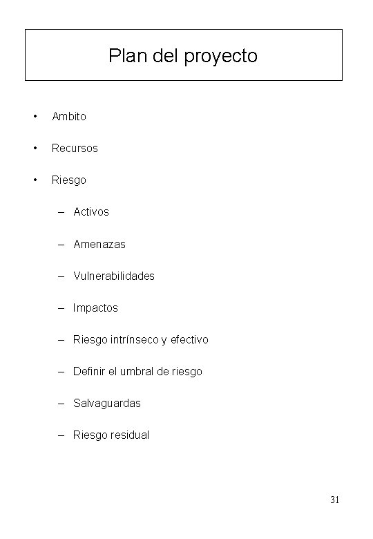 Plan del proyecto • Ambito • Recursos • Riesgo – Activos – Amenazas –